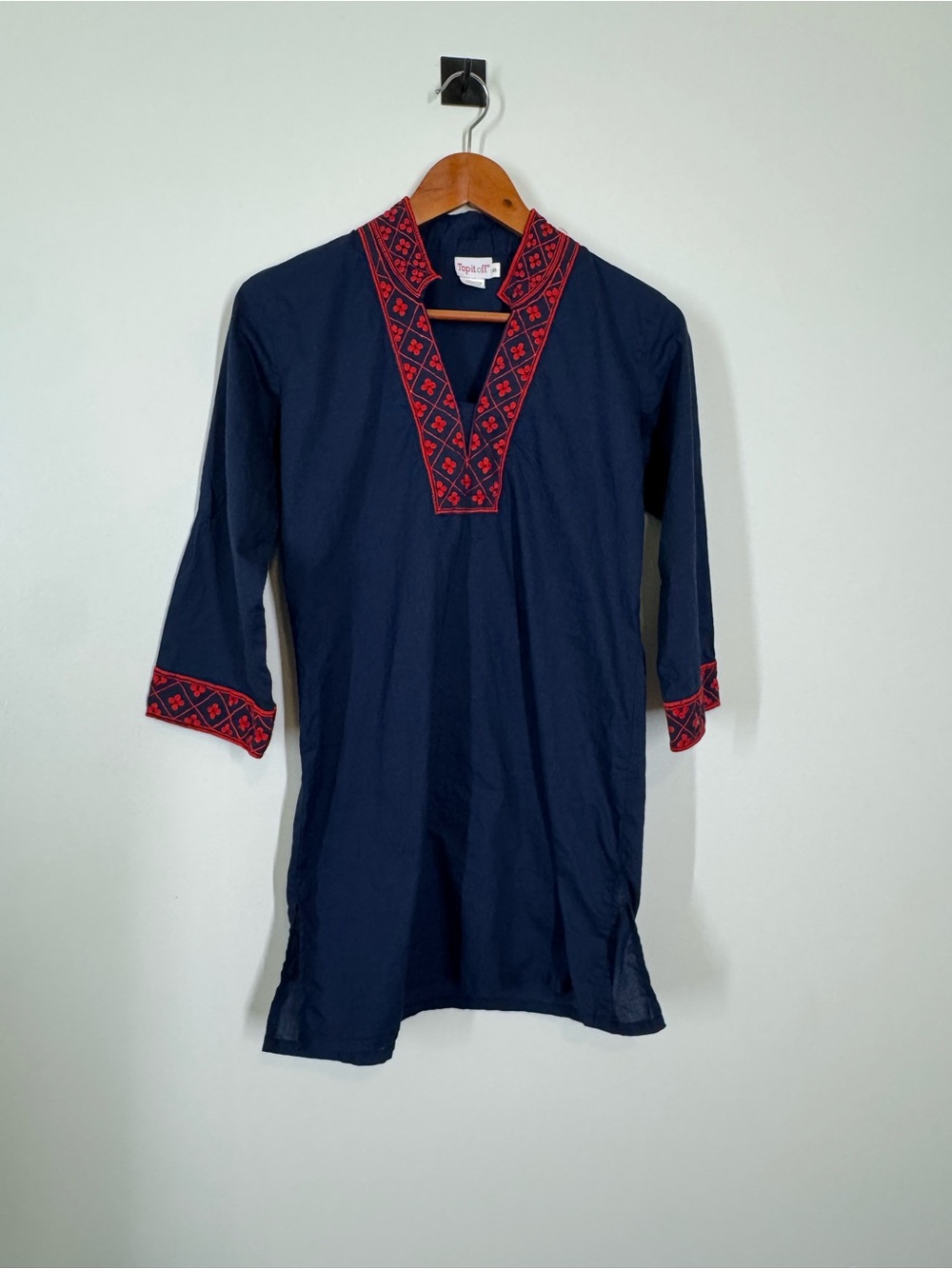 Navy Tunic with Red Embroidered Trim Small V-neck 3/4 Sleeve Small 100% Cotton